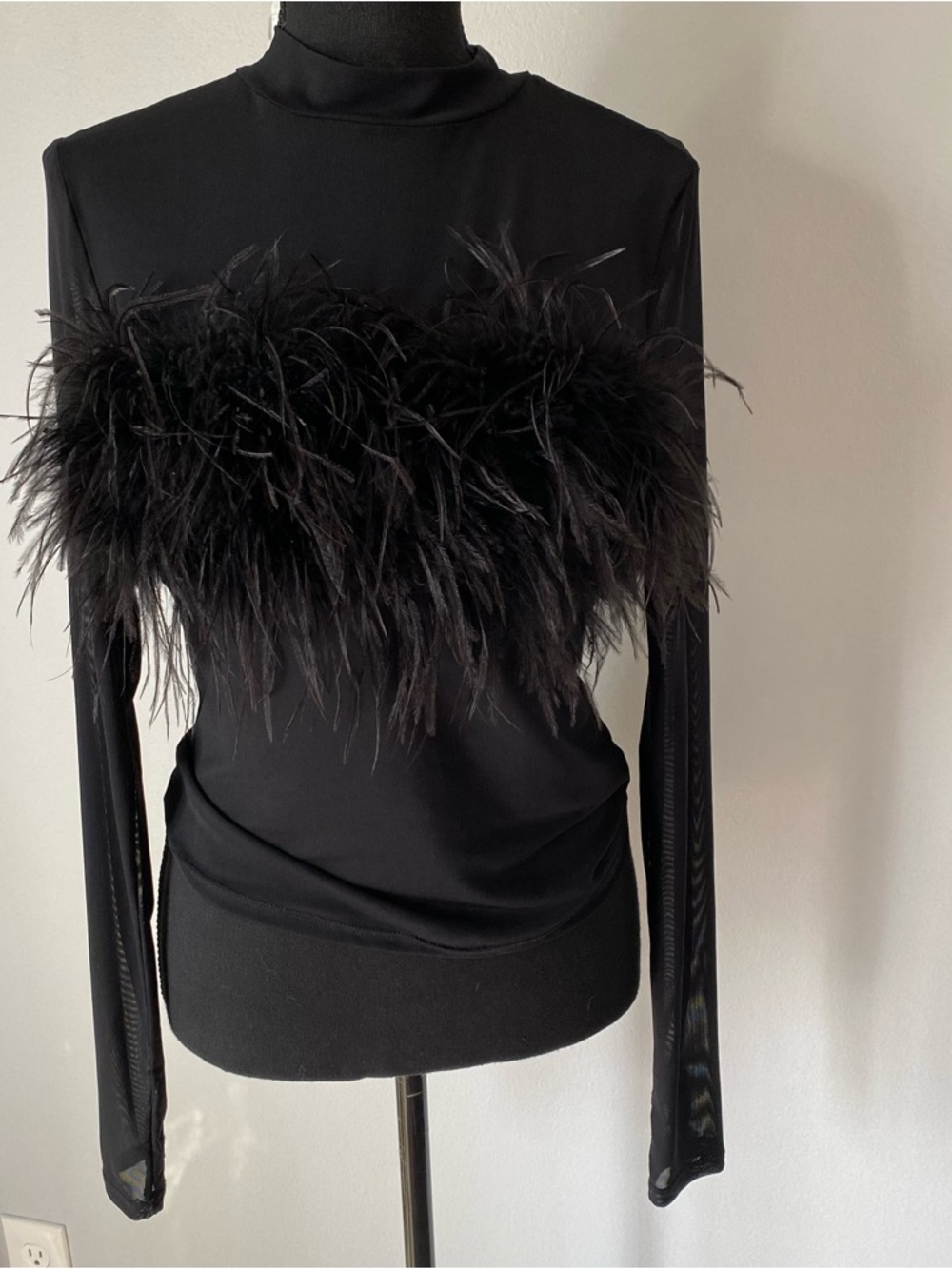 Black Feather-Trim Mock Neck Long Sleeve Top